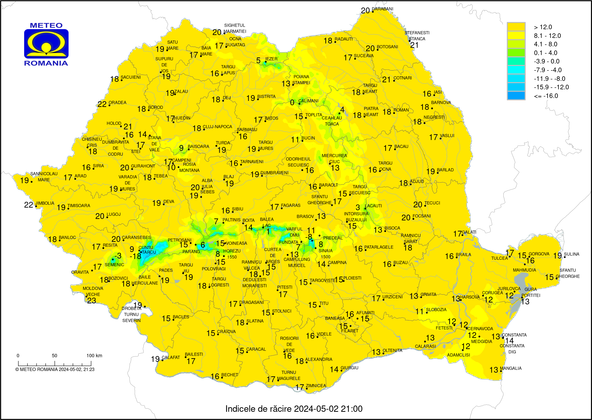 Temperaturi ora 20 #Romania (Romania evening temperatures)