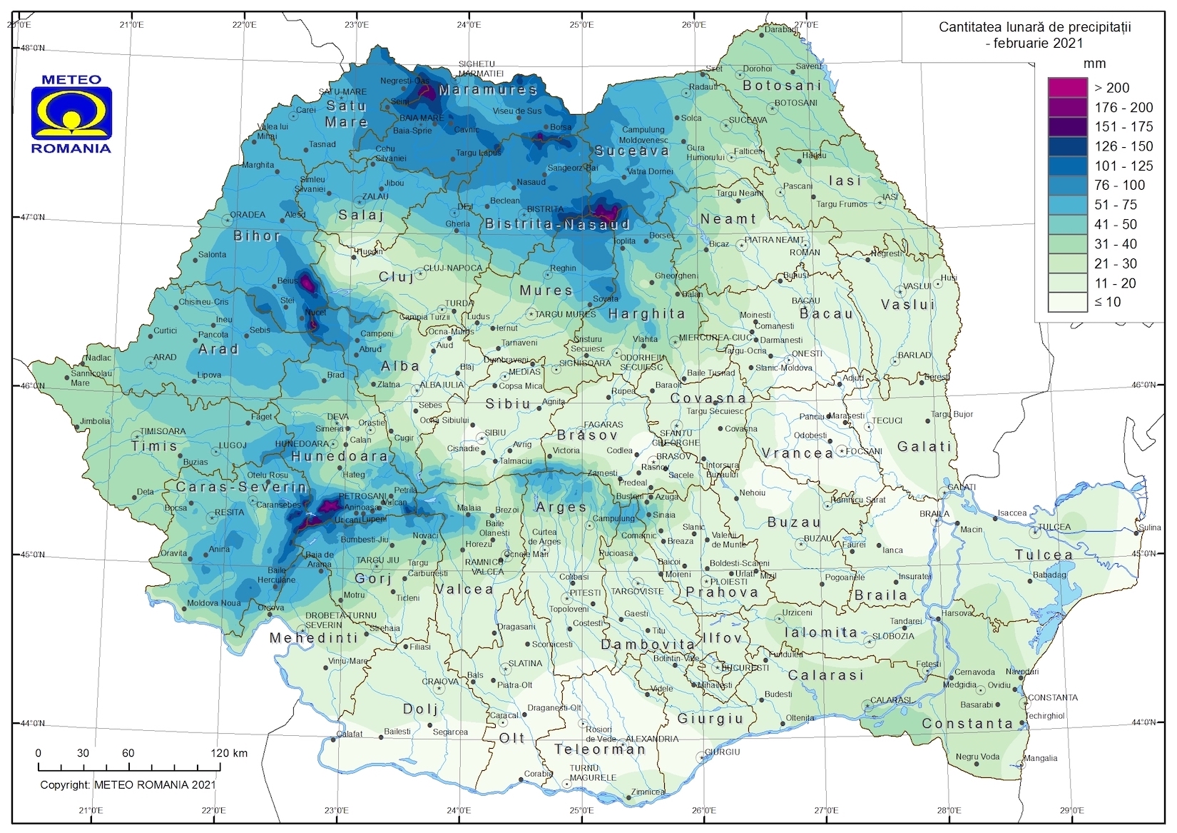 Cantitatea lunară de precipitații – februarie 2021