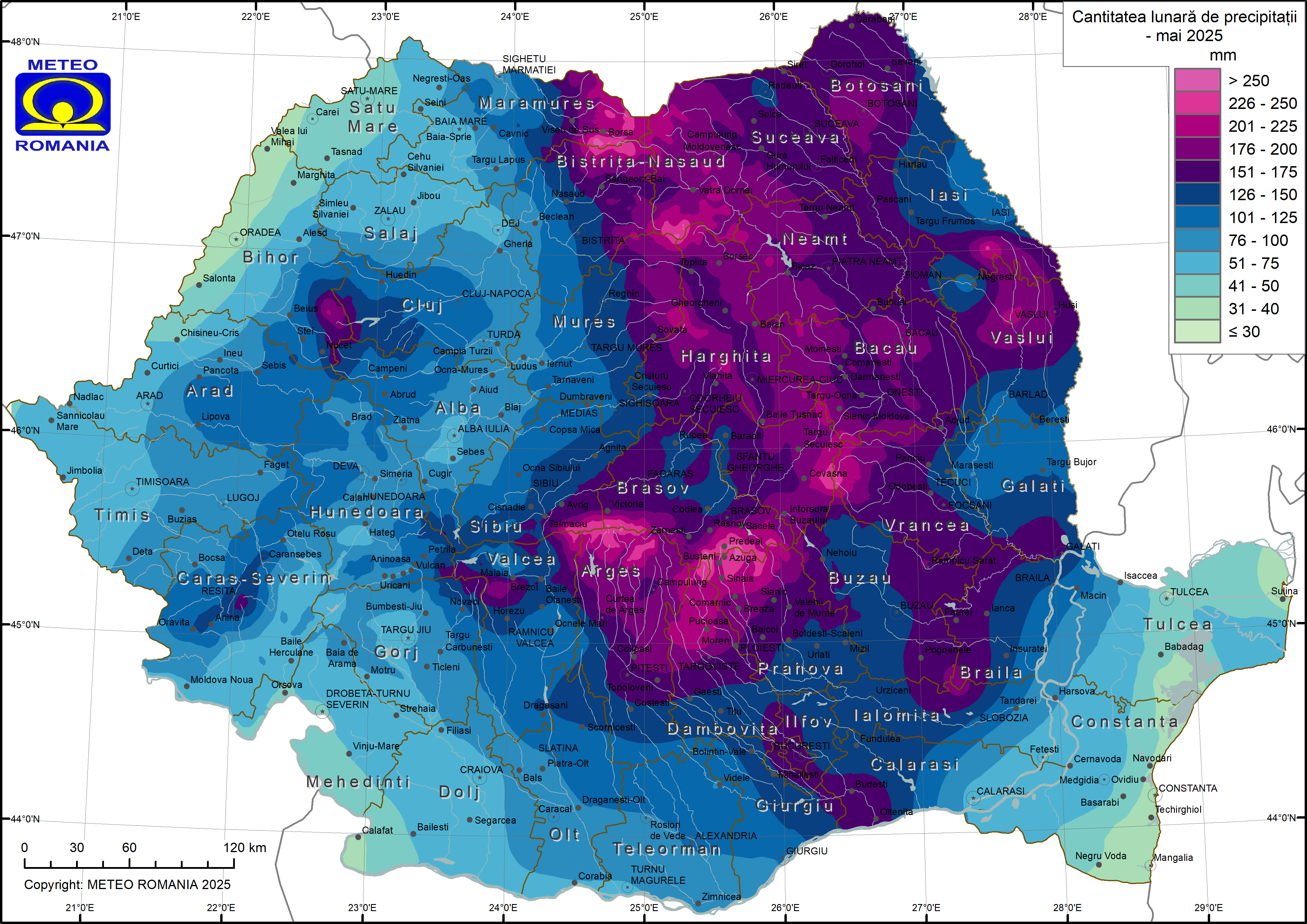 Cantitatea lunară de precipitații (mm) – mai 2025